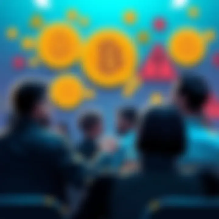 A group of people discussing in a forum setting, expressing different opinions on Bitcoin censorship, with a backdrop of Bitcoin symbols and warning signs.