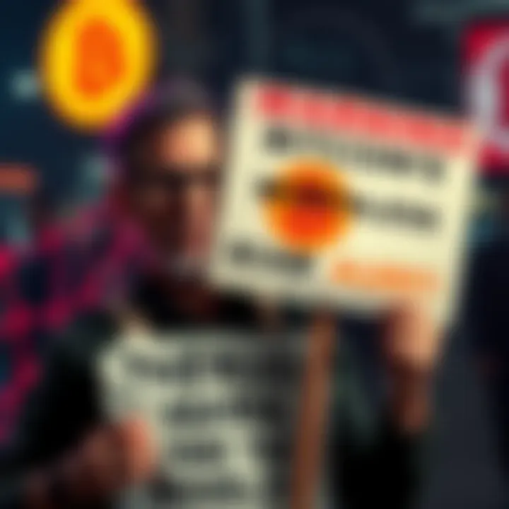 Bitcoin Fraud Warning A concerned former investor holds a sign warning about Bitcoin scams, expressing doubts over its value.