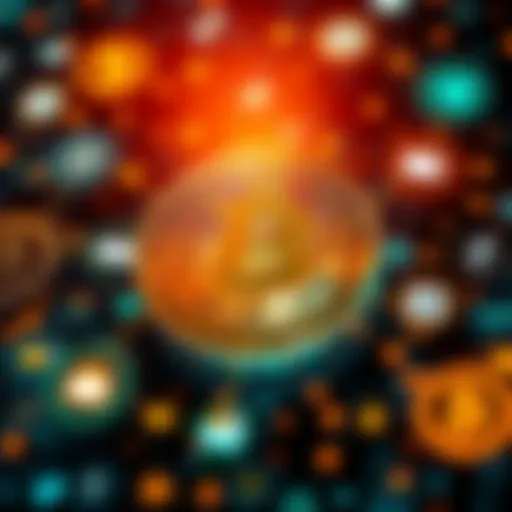 A Bitcoin symbol connected to various digital icons representing blockchain technology and internet services