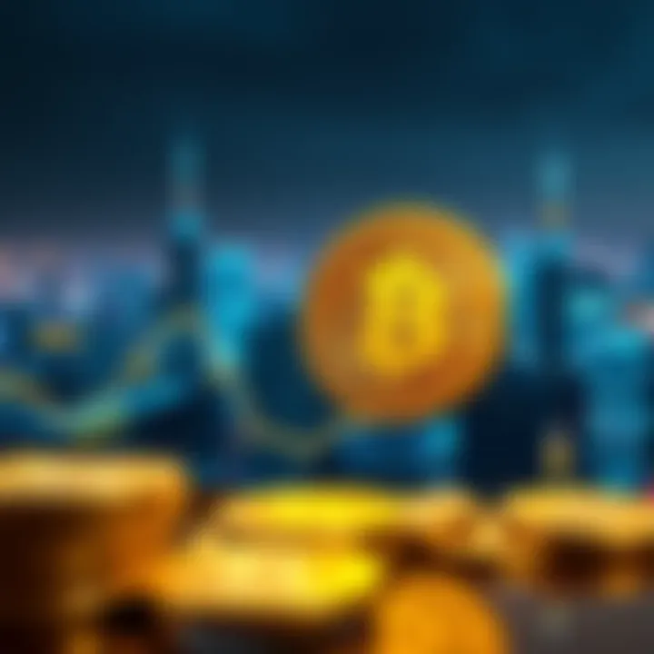 A digital representation of Bitcoin mining, showing the dwindling number of coins with a futuristic skyline in the background