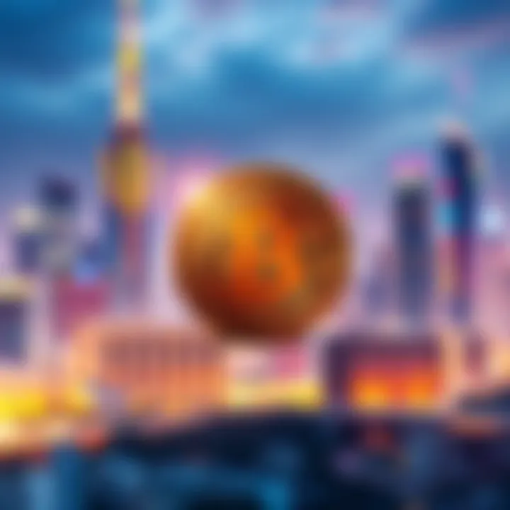 A Bitcoin symbol stands in front of a futuristic city skyline, representing predictions for Bitcoin in 2040.
