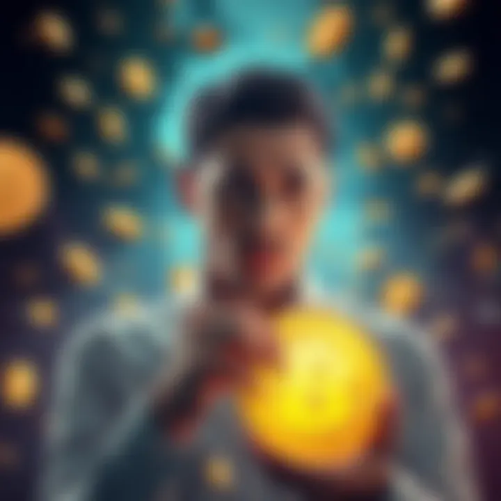 A person looking worried while holding a Bitcoin symbol, surrounded by falling coins and stock charts