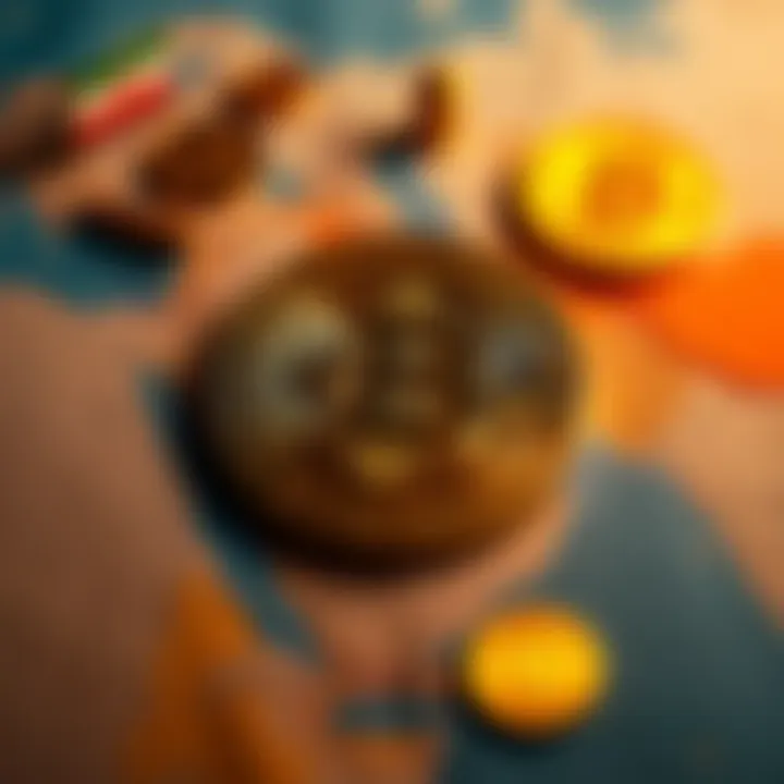 A graphic representing Bitcoin in relation to geopolitical events, featuring maps and currency symbols, with elements indicating financial discussions involving Iran and the Strait of Hormuz.