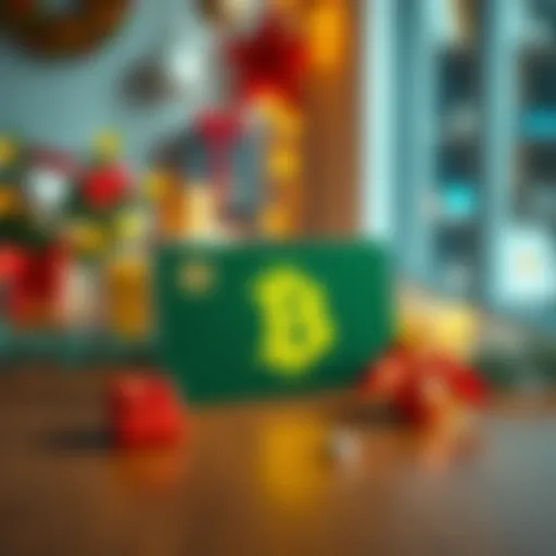 Bitcoin gift card on a table A Bitcoin gift card placed on a wooden table, surrounded by festive decorations, symbolizing gifting cryptocurrency