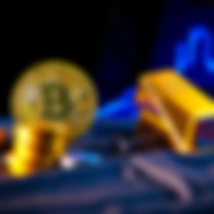 A visual showing Bitcoin coins on one side and gold bars on the other, symbolizing the financial debate between their values.