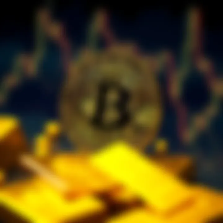 A visual representation of Bitcoin and gold bars, highlighting the price drop of Bitcoin compared to gold.