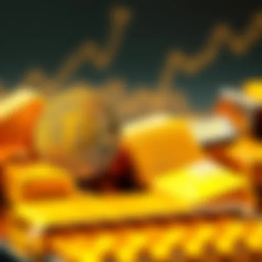 Bitcoin symbol next to gold bars showing price increase