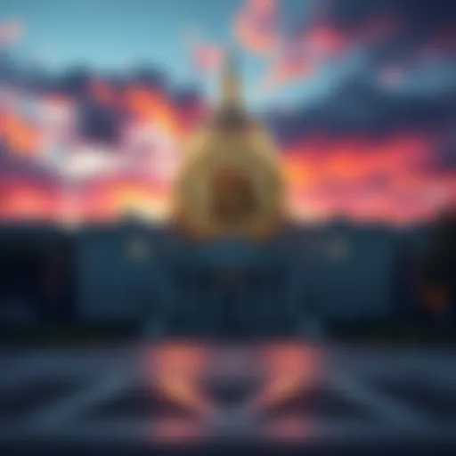 Bitcoin symbol with a backdrop of a government building and a warning sign indicating a shutdown