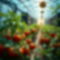 A tomato greenhouse using waste heat from Bitcoin mining, showcasing green plants and miners' equipment in the background.