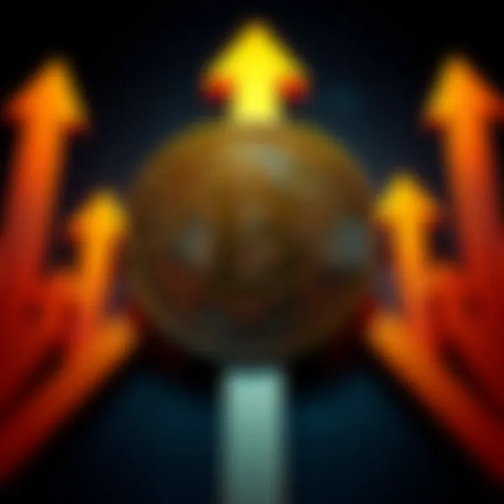 A Bitcoin symbol surrounded by upward arrows, representing growth in cryptocurrency.