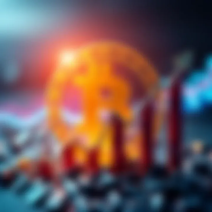 A Bitcoin symbol surrounded by a rising graph, representing the growth of decentralized currency and its potential against inflation.