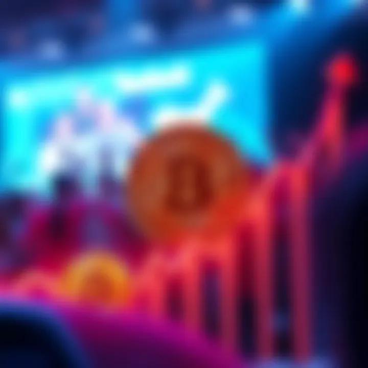 Graph showing Bitcoin growth resembling Facebook's early success, with an upward trend and excited people in the background.