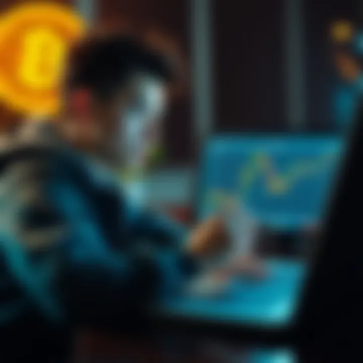 A young person analyzing Bitcoin trends on a laptop, with a focus on investment goals and savings strategy for the 2028 market.