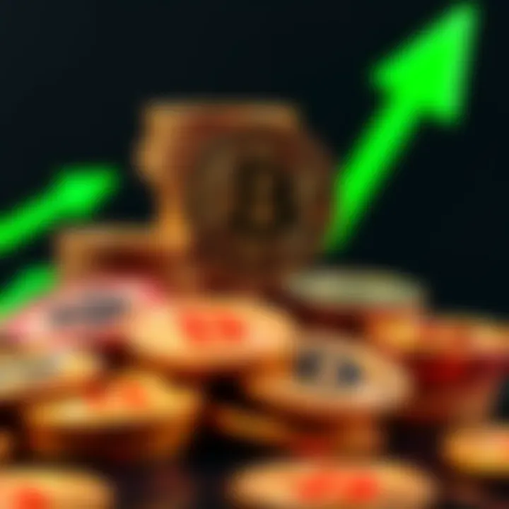 Bitcoin coins stacked up A pile of shiny Bitcoin coins with a green upward arrow in the background symbolizing growth and investment strategy.