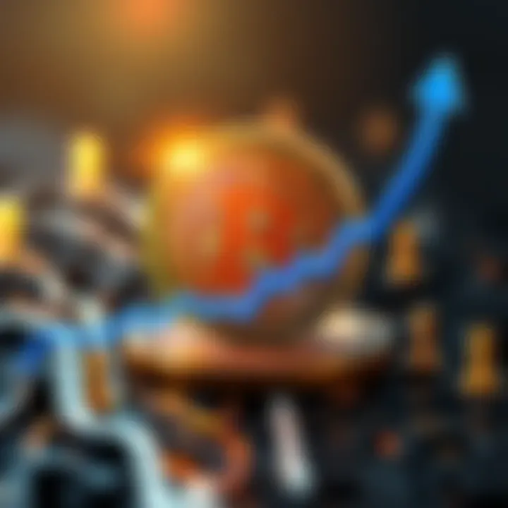 A graphic showing the Bitcoin logo with an upward trend line, symbolizing growth and success in the cryptocurrency market.