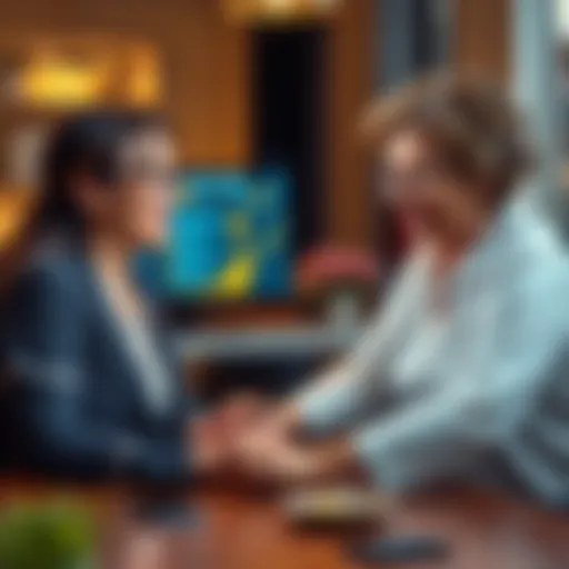A woman sitting at a table with her mom, both looking at a computer screen showing a Bitcoin guide, smiling and engaged in learning.