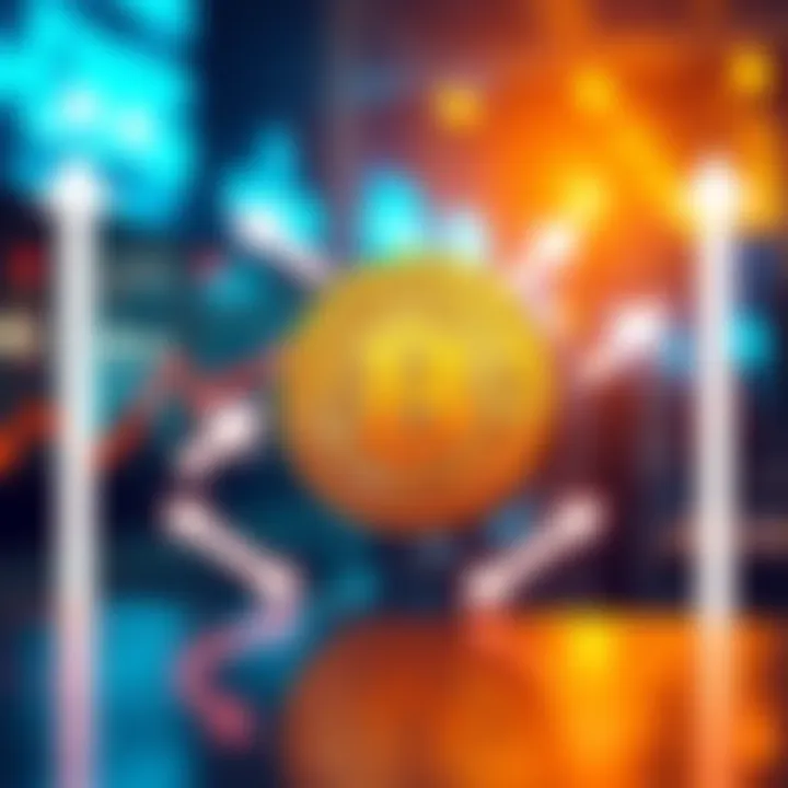 Illustration of a Bitcoin symbol with arrows indicating price fluctuations surrounding it, representing market reactions to halving.