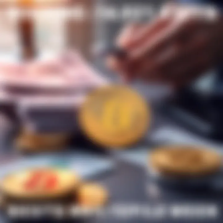 A person counting cash next to a Bitcoin symbol on a table, showing the contrast between cryptocurrency and traditional money.