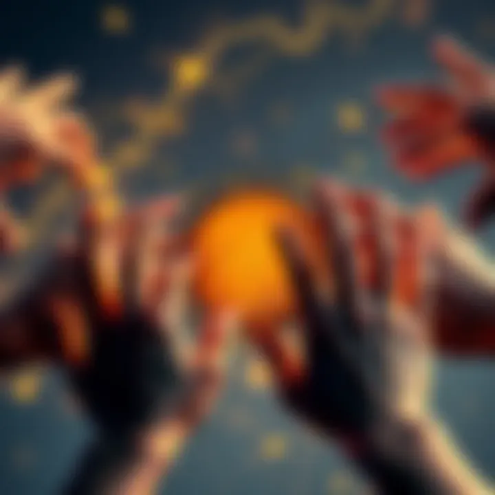 A Bitcoin symbol surrounded by hands reaching out, representing human greed and the concept of wealth distribution.