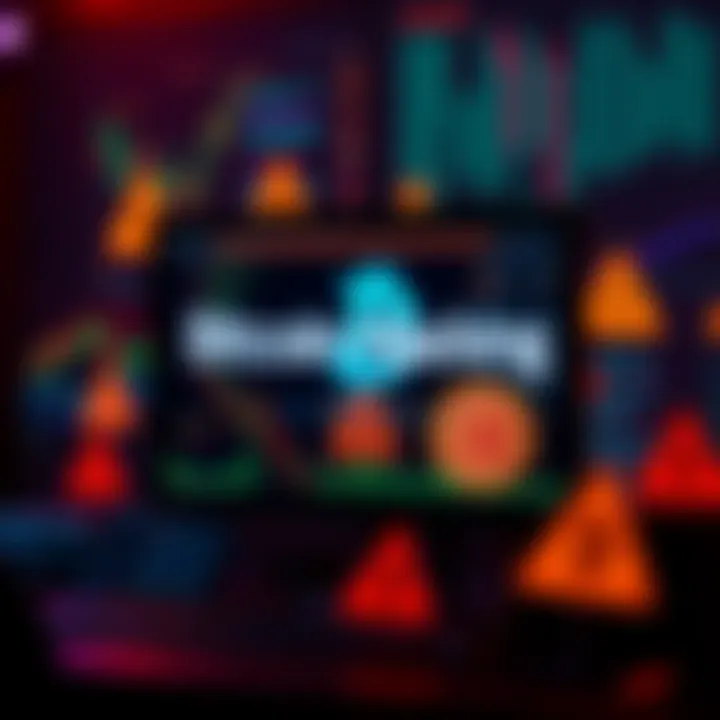 A visual representation showing a computer screen with Bitcoin symbols and warning signs, depicting the threat of hijacking in cryptocurrency.