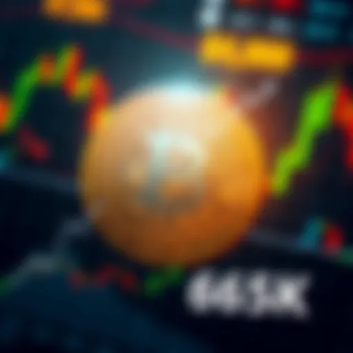 A graphic showing the Bitcoin logo with an upward trend line and a dollar sign, symbolizing Bitcoin reaching 65,000 dollars. The background has financial charts and market indicators.