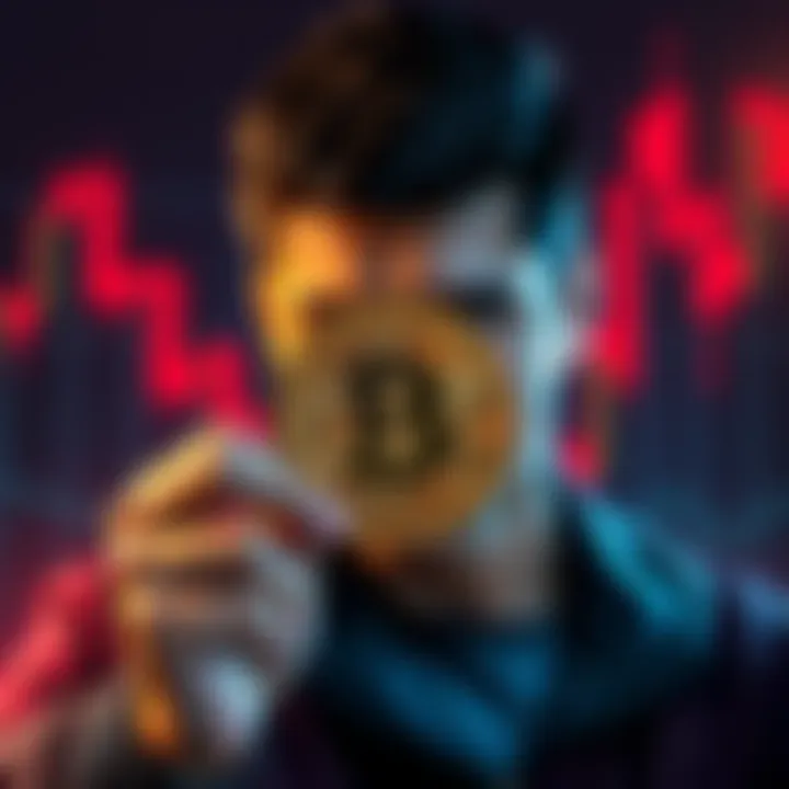 A person holding a Bitcoin coin with a determined expression, surrounded by a background of falling red candles on a price chart.