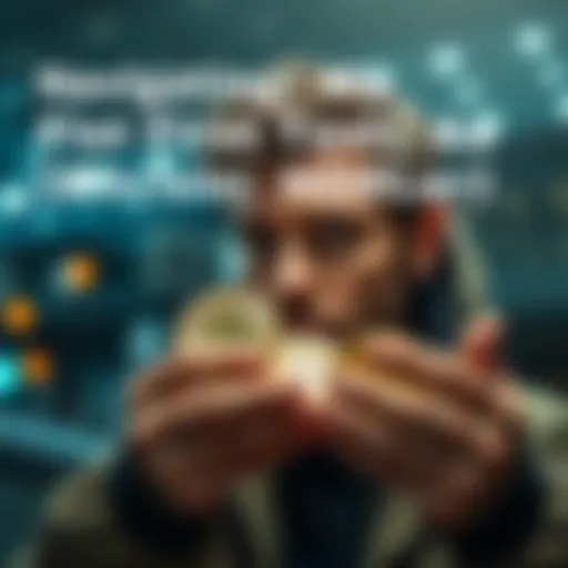 A person looking at Bitcoin coins with a concerned expression, pondering their investment choices