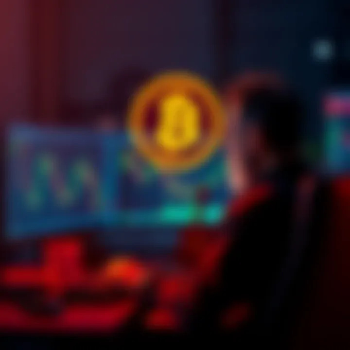 A long-term Bitcoin holder sitting in front of a computer, looking at market charts with determination