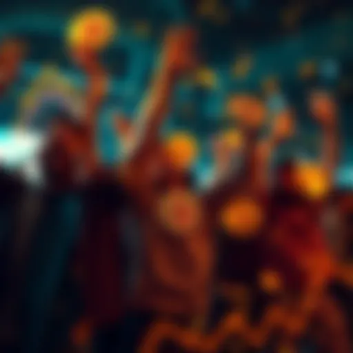 A group of early bitcoin holders joyfully celebrating their investment success amidst market highs and lows.