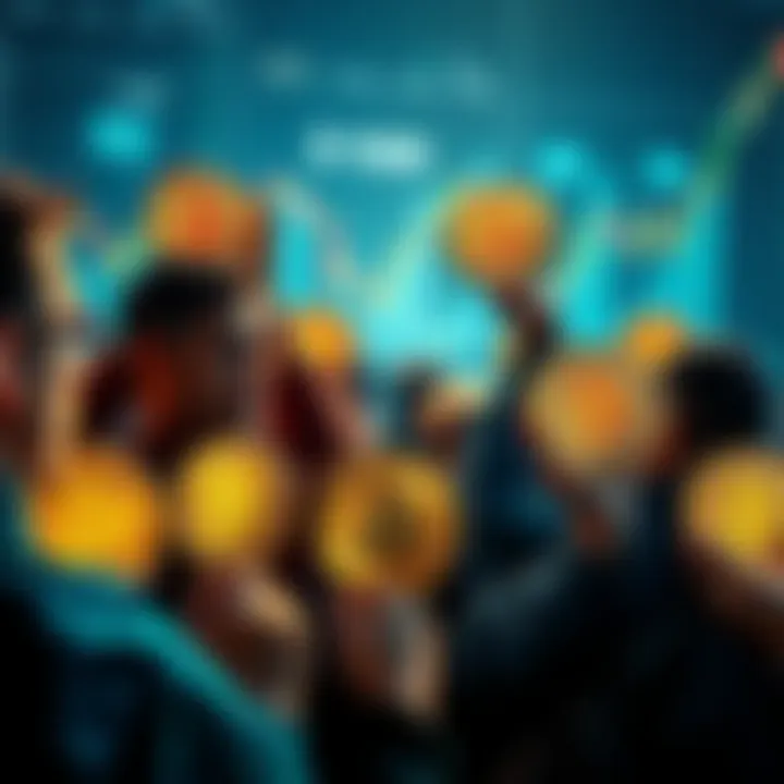 A group of people holding Bitcoin coins, looking determined not to sell. They are surrounded by charts showing upward trends in the market.