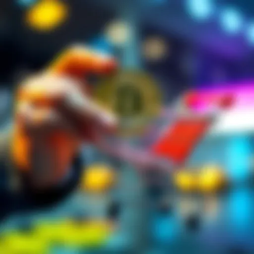 A person holding a Bitcoin in one hand and a shopping cart in the other, symbolizing spending versus holding currency.