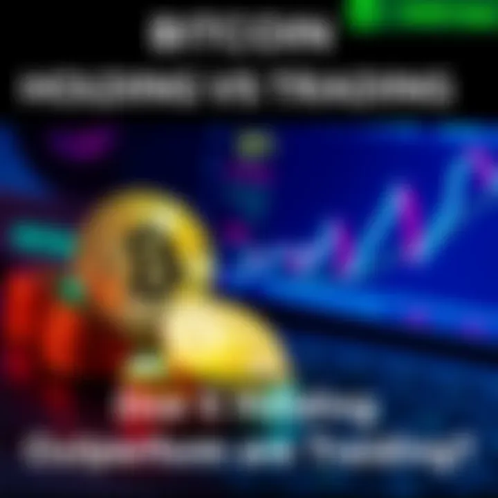 A graphic showing the contrast between holding Bitcoin and trading it, featuring symbols of Bitcoin and trading charts.