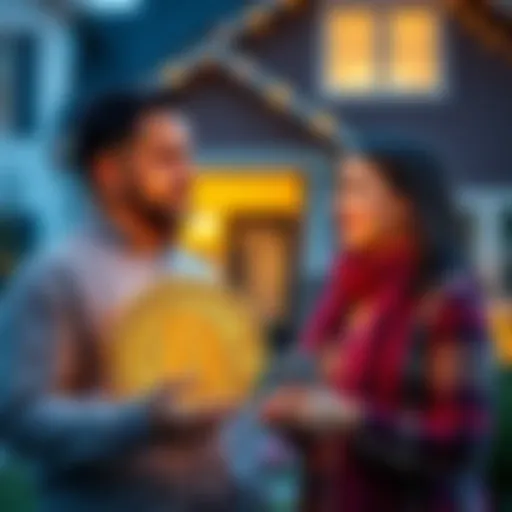 A couple discussing a home purchase with a Bitcoin symbol in front, representing the use of cryptocurrency in real estate transactions.