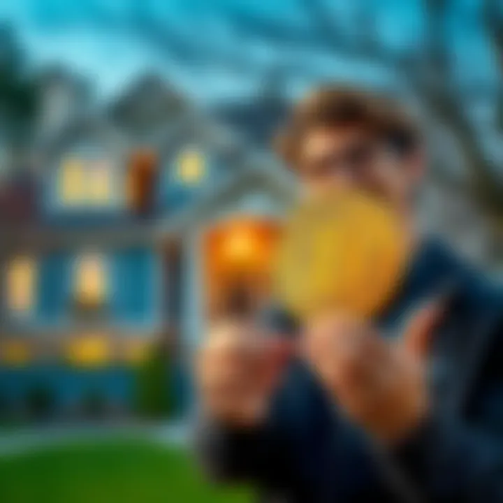 Home secured by Bitcoin investment A person smiling, holding a Bitcoin symbol with their house in the background, representing financial recovery through cryptocurrency
