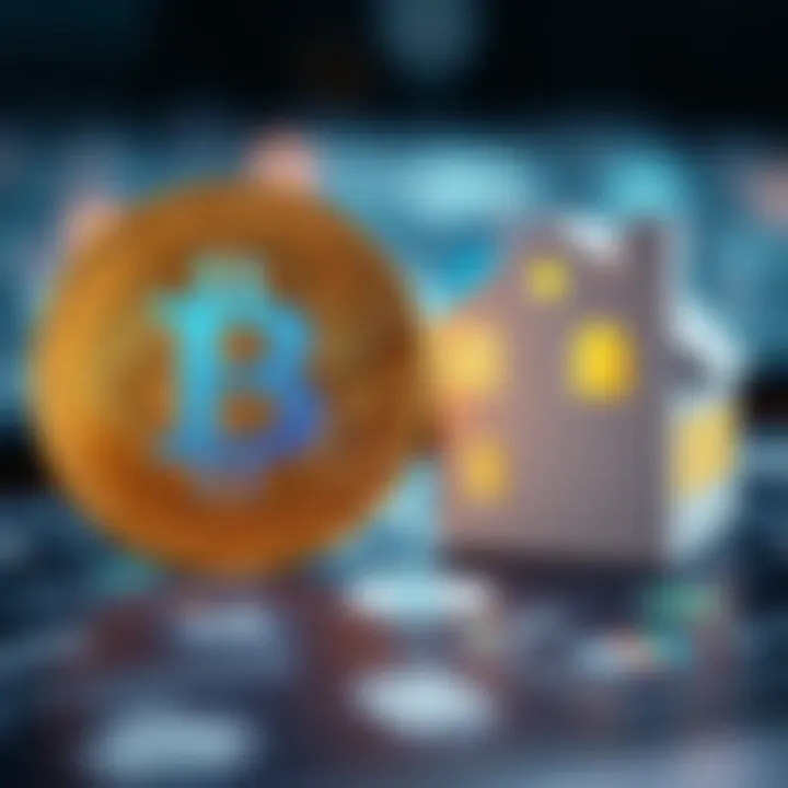 An illustration showing a Bitcoin symbol next to a simple house graphic, depicting the connection between Bitcoin prices and home values.