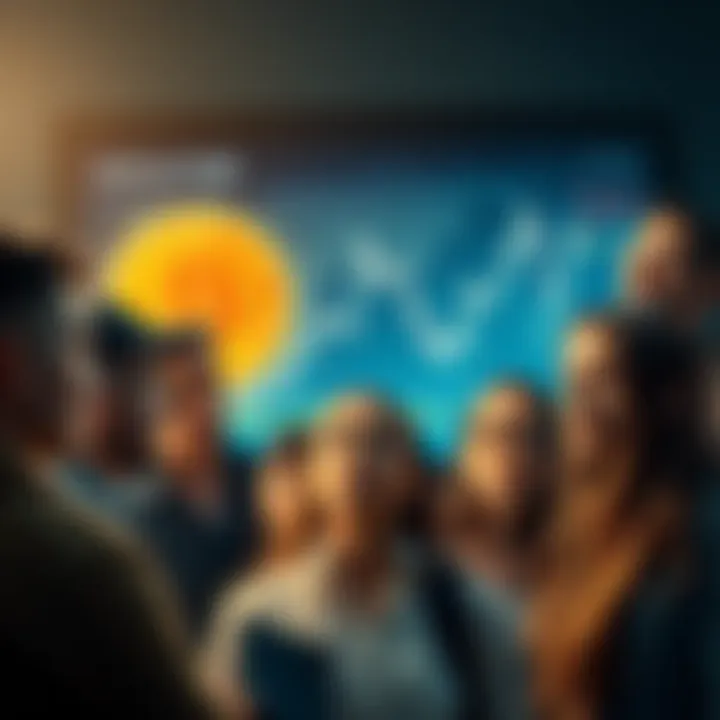 A group of everyday people looking at a Bitcoin chart, showing mixed reactions of curiosity and skepticism.