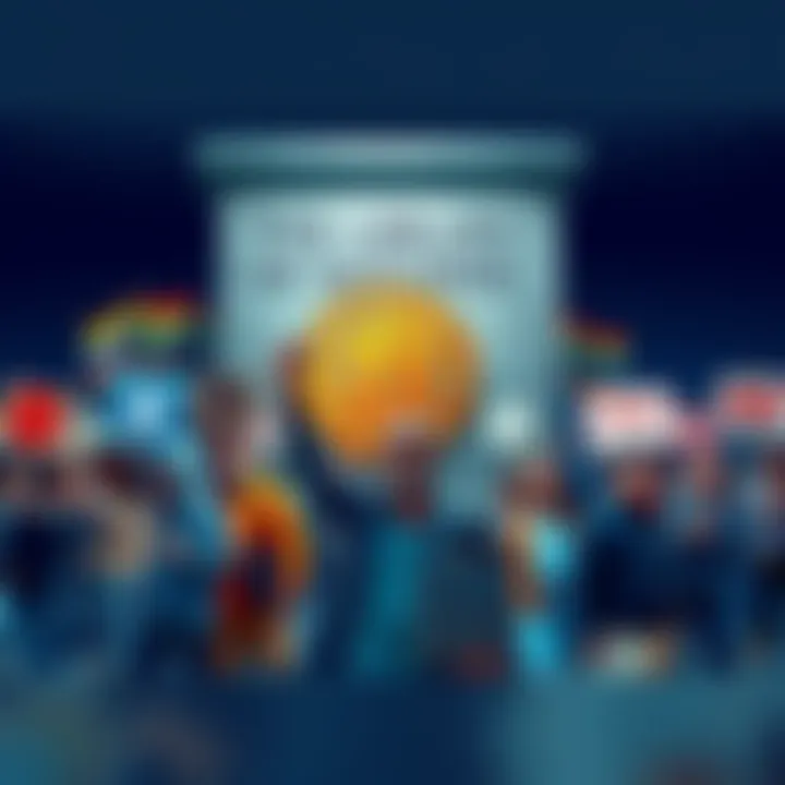 A digital representation of Bitcoin inscriptions promoting free speech with diverse people holding signs and laptops.
