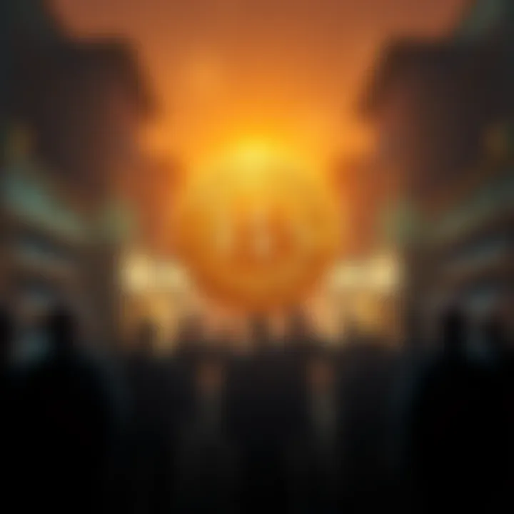 A graphic of a Bitcoin symbol shining brightly while shadowy figures represent institutions expressing concern in the background