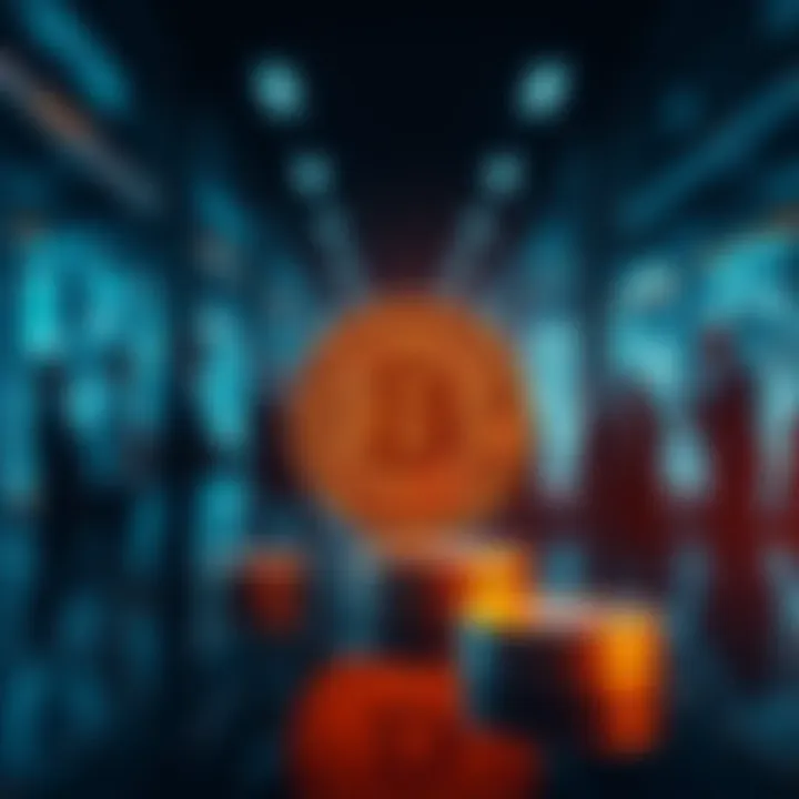 Bitcoin symbol with institutional investors discussing in the background