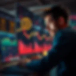 A person looking at Bitcoin price charts on a laptop, showing fluctuating prices and a buying option highlighted, with a thoughtful expression.