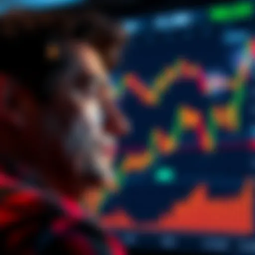 A person contemplating a Bitcoin investment decision with charts and graphs of Bitcoin prices in the background.