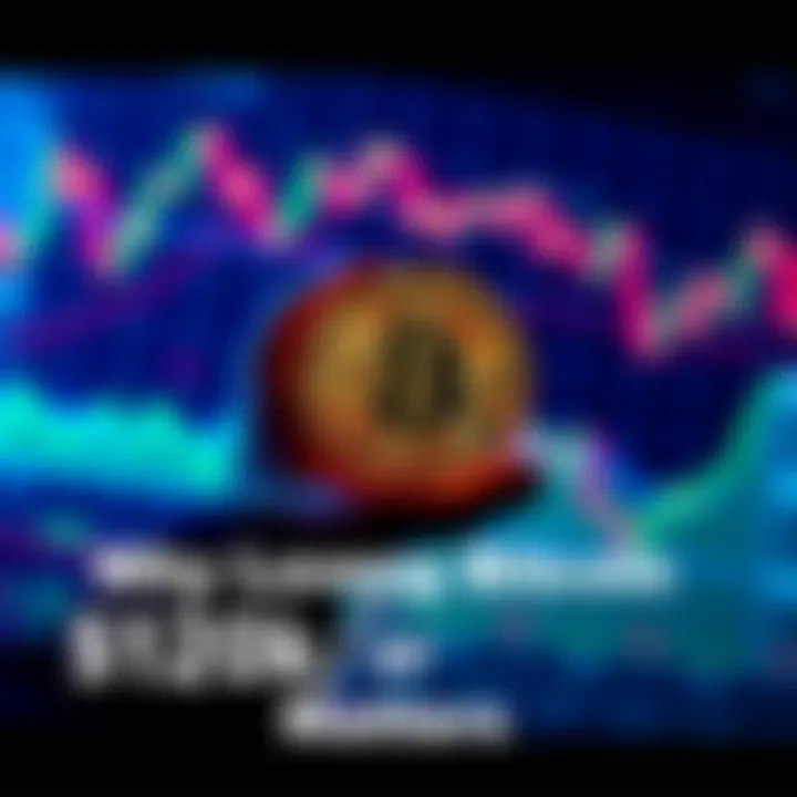 A person holding a Bitcoin symbol with a backdrop of fluctuating price charts, representing different price points.