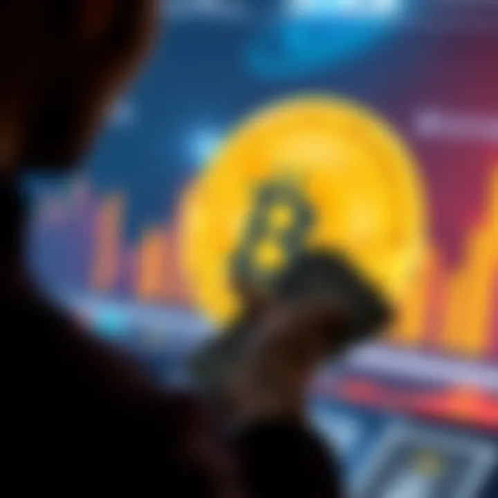 Bitcoin Investment A person holding physical cash and looking at a Bitcoin logo on a screen, ready to invest in cryptocurrency.