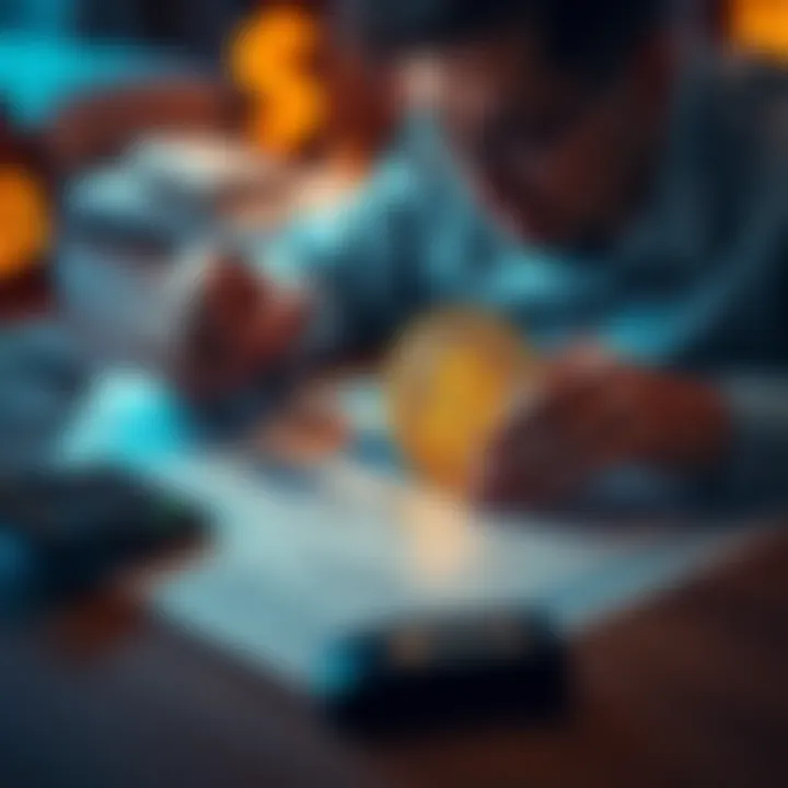 A person examining a Bitcoin symbol with a calculator and financial documents on a table, contemplating investment options.
