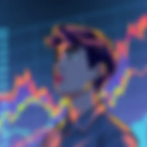 A digital illustration of a person contemplating buying Bitcoin with a chart showing potential gains in the background.