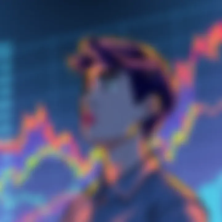 A digital illustration of a person contemplating buying Bitcoin with a chart showing potential gains in the background.