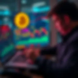 A person analyzing Bitcoin market trends on a laptop with financial charts and graphs