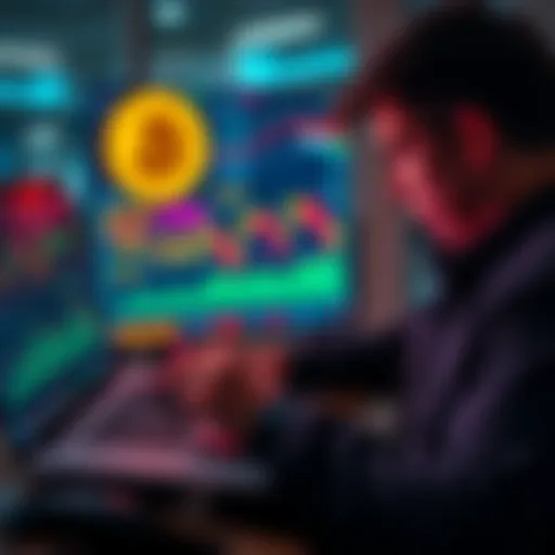 A person analyzing Bitcoin market trends on a laptop with financial charts and graphs