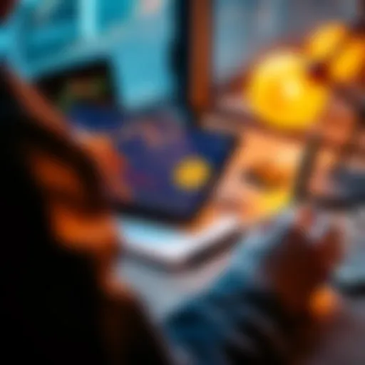 A person reviewing financial charts and Bitcoin prices on a tablet while sitting at a desk with a calculator and notebook.