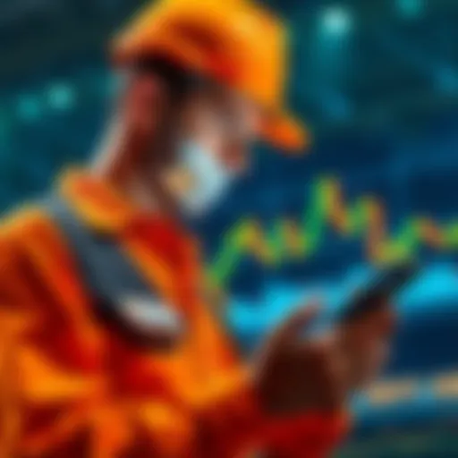 A construction worker reviewing Bitcoin investment options on a mobile app, with financial graphs in the background